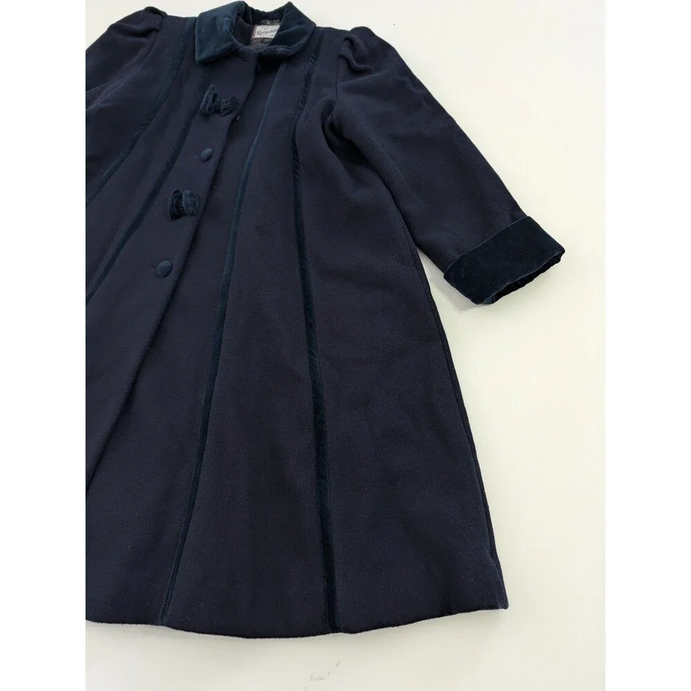 Vintage Rothschild Pea Coat Girls 10 Navy Blue Wool Dress Velvet Collar Overcoat